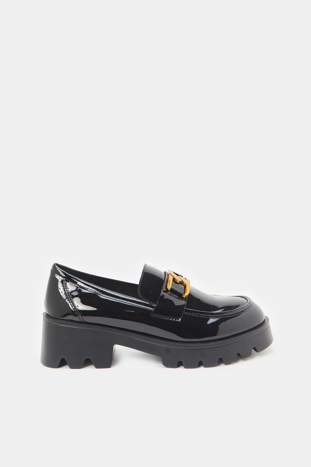 Women Black Patent Chunky Loafers